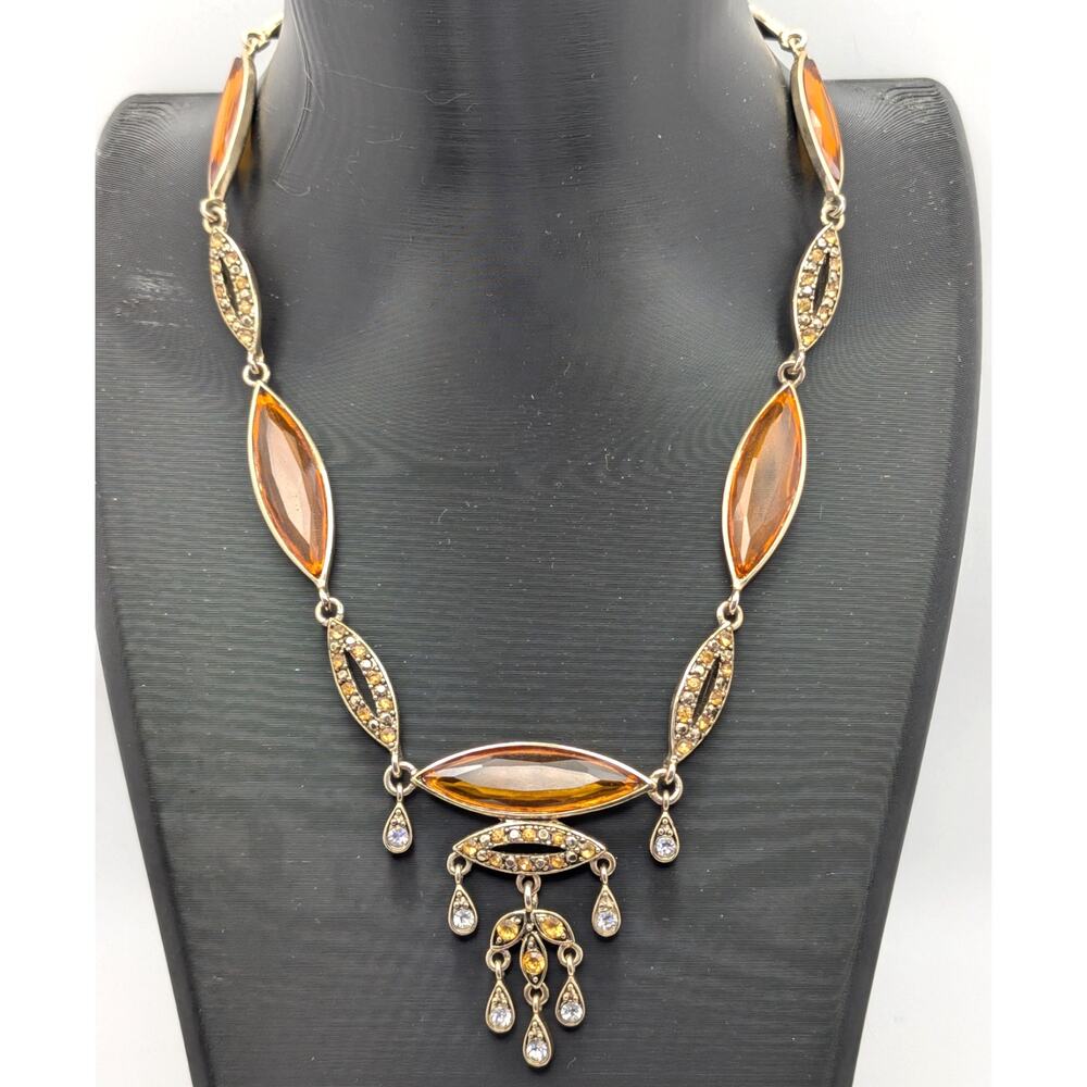 Orange Rhinestone Chandelier Statement Necklace Gold Tone Adjustable 14 Inch